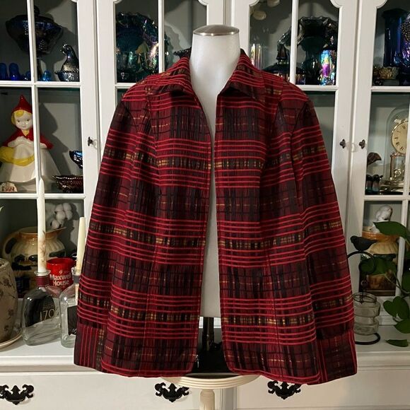 CJ Banks Jacket Red Black Gold Sz 14W Zip Front Stretch Christopher & Banks - Picture 1 of 8